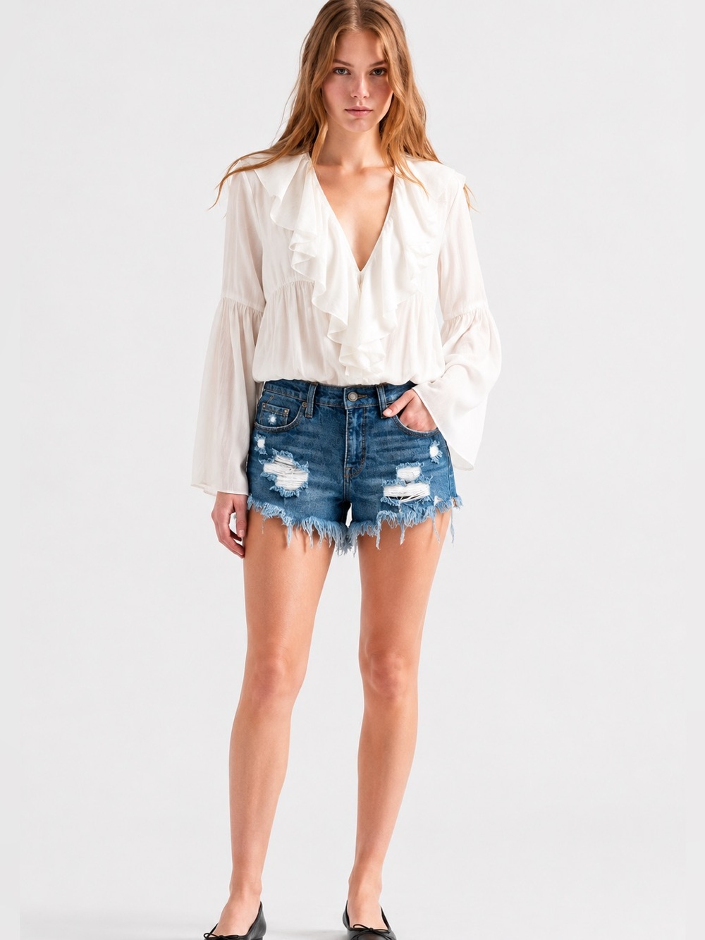 Mossimo High Rise Distressed Denim Cutoff Shorts Size 10/30 Blue Stretch